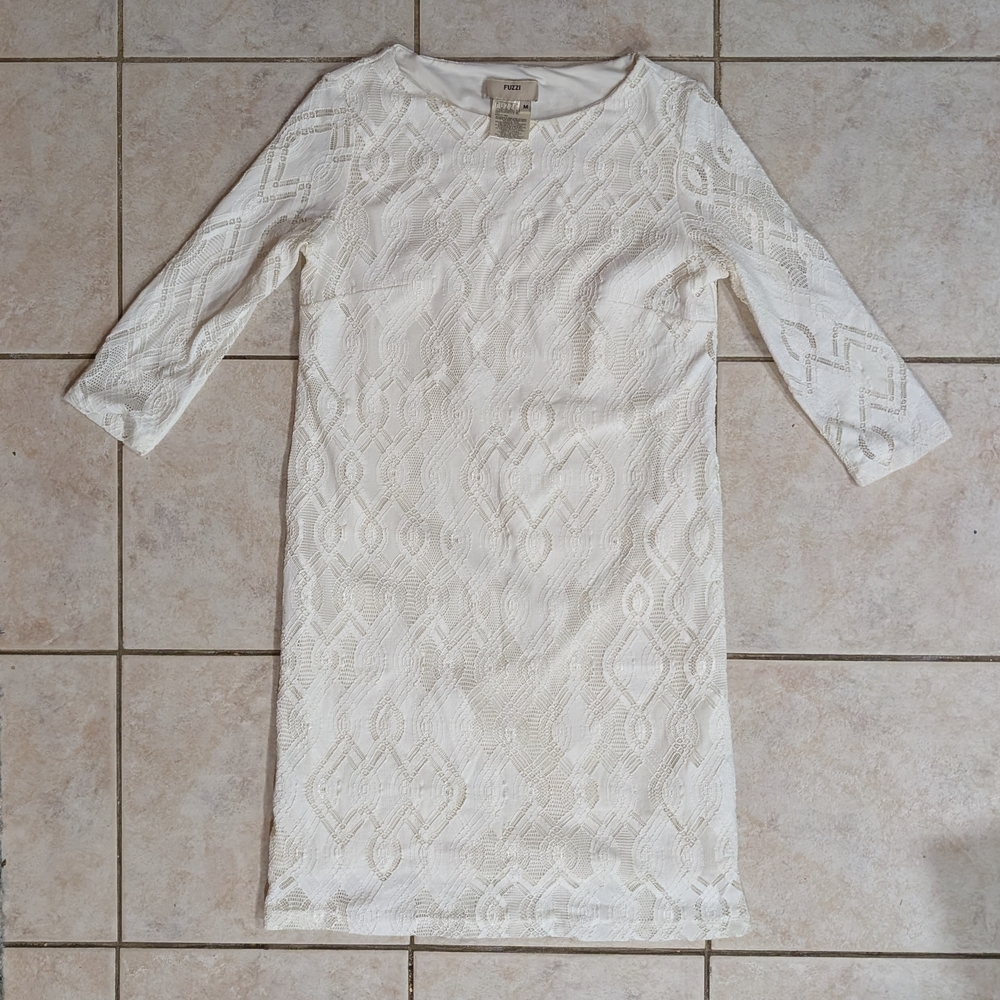 FUZZI White Sheath Dress with 3/4 Sleeves and Crew Neck